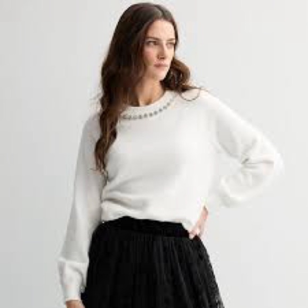 Draper James White Crewneck Sweater with Beaded Detail